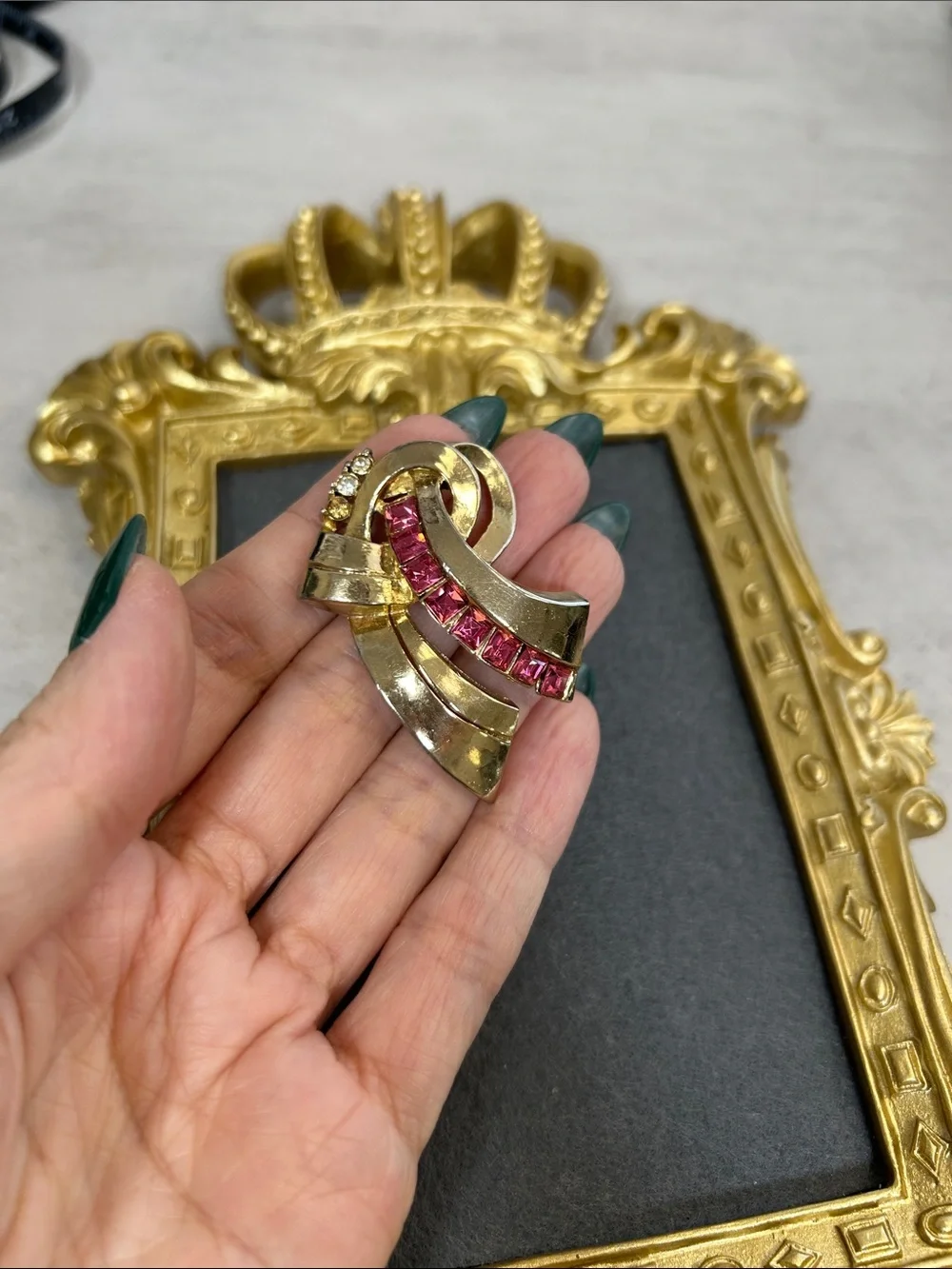 Vintage Coro Gold-Tone Ribbon Brooch with Pink Stones and Clear Accents
